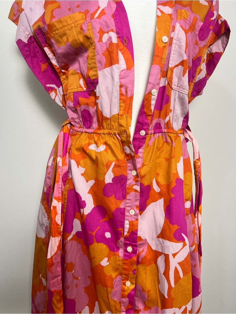 Free Assembly Women's Belted Midi Dress Size L Pink Orange Floral 100% Cotton - Picture 6 of 11